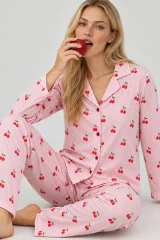 Kadın Kiraz Desenli Pötikare Pembe Pijama Takımı 4793