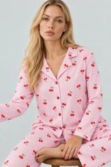 Kadın Kiraz Desenli Pötikare Pembe Pijama Takımı 4793