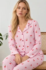 Kadın Kiraz Desenli Pötikare Pembe Pijama Takımı 4793