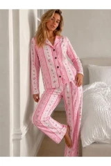 Kadın Desenli Düğmeli Uzun Kollu Pembe Pijama Takımı