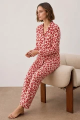 Kadın Gömlek Yakalı Uzun Kollu Kırmızı Pijama Seti