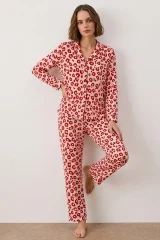 Kadın Gömlek Yakalı Uzun Kollu Kırmızı Pijama Seti