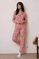 Kadın Uzun Kollu Düğmeli Alt Üst Uyku Kırmızı Pijama Takımı