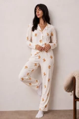 Kadın Uzun Kollu Düğmeli Alt Üst Uyku Beyaz Pijama Takımı