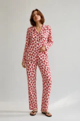 Kadın Gömlek Yaka Düğmeli Gece Giyimi Kırmızı Pijama Takımı