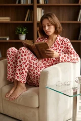Kadın Gömlek Yaka Düğmeli Gece Giyimi Kırmızı Pijama Takımı