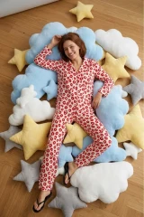 Kadın Gömlek Yaka Düğmeli Gece Giyimi Kırmızı Pijama Takımı