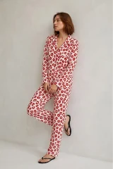 Kadın Gömlek Yaka Düğmeli Gece Giyimi Kırmızı Pijama Takımı