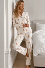 Kadın Gömlek Yaka Düğmeli Beyaz Pijama Takımı