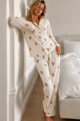 Kadın Gömlek Yaka Düğmeli Beyaz Pijama Takımı