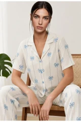 Kadın Kısa Kol Fiyonk Desenli Mavi Pijama Takımı 4771