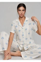 Kadın Kısa Kol Fiyonk Desenli Mavi Pijama Takımı 4771