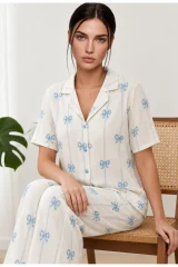 Kadın Kısa Kol Fiyonk Desenli Mavi Pijama Takımı 4771