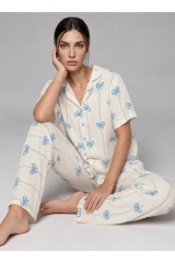 Kadın Kısa Kol Fiyonk Desenli Mavi Pijama Takımı 4771