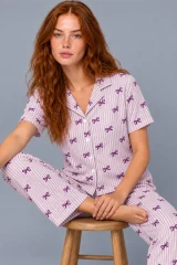 Kadın Çizgili Fiyonk Desenli Mor Kısa Kollu Pijama Takımı 4811