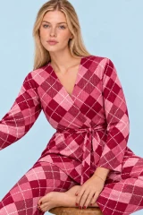 Kadın Desenli Ev Stili Kuşaklı Pembe Pijama Takımı 4808