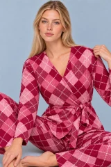Kadın Desenli Ev Stili Kuşaklı Pembe Pijama Takımı 4808