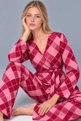 Kadın Desenli Ev Stili Kuşaklı Pembe Pijama Takımı 4808