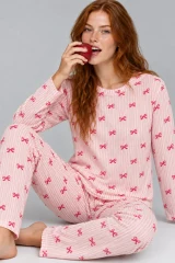 Kadın Çizgili Rahat Kalıp İkili Açık Pembe Pijama Takımı 4805