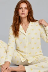 Kadın Çizgili Fiyonk Desenli Sarı Uzun Kollu Pijama Takımı 4796
