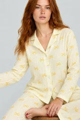 Kadın Çizgili Fiyonk Desenli Sarı Uzun Kollu Pijama Takımı 4796