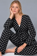 Kadın Desenli Ev Stili Kuşaklı Siyah Pijama Takımı 4806