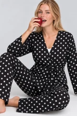 Kadın Desenli Ev Stili Kuşaklı Siyah Pijama Takımı 4806
