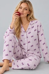 Kadın Gömlek Yaka Desenli İkili Mor Pijama Takımı 4810