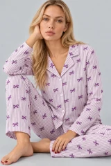 Kadın Gömlek Yaka Desenli İkili Mor Pijama Takımı 4810