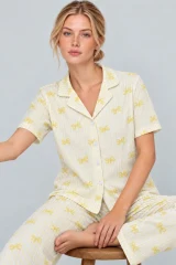 Kadın Gömlek Yaka Desenli İkili Sarı Pijama Takımı 4795