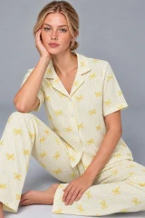 Kadın Gömlek Yaka Desenli İkili Sarı Pijama Takımı 4795