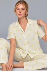 Kadın Gömlek Yaka Desenli İkili Sarı Pijama Takımı 4795