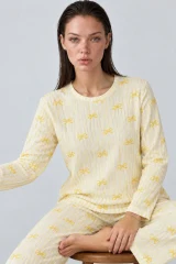Kadın Çizgili Rahat Desenli İkili Sarı Pijama Takımı 4797