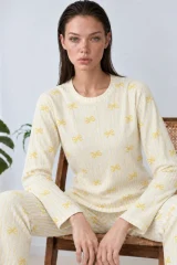 Kadın Çizgili Rahat Desenli İkili Sarı Pijama Takımı 4797