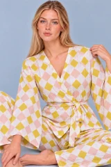 Kadın Kruvaze Kuşaklı Sarı İkili Pijama Takımı 4804