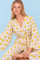 Kadın Kruvaze Kuşaklı Sarı İkili Pijama Takımı 4804