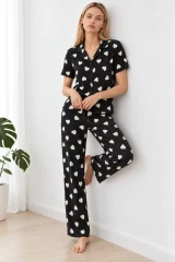 Kadın Kalpli Kısa Kollu Siyah Pijama Takımı 4825