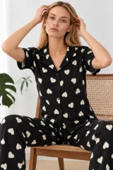Kadın Kalpli Kısa Kollu Siyah Pijama Takımı 4825