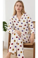 Kadın Uğur Böcekli Gömlek Yaka Beyaz Pijama Takımı 4827