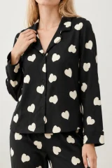 Kadın Kalpli Gömlek Yaka Siyah Pijama Takımı 4824