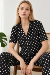 Kadın Desenli Siyah Kısa Kollu Pijama Takımı 4813