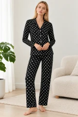 Kadın Gömlek Yaka Desenli Siyah Pijama Takımı 4812