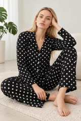 Kadın Gömlek Yaka Desenli Siyah Pijama Takımı 4812