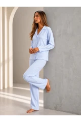 Kadın Önden Düğmeli Uzun Kollu Mavi Pijama Takımı