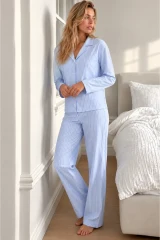 Kadın Gömlek Yaka Uzun Kollu Mavi Pijama Takımı