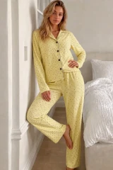 Kadın Puantiyeli Uzun Kollu Düğmeli Sarı Pijama Takımı