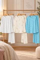 3'Lü Kadın Desenli Uzun Kollu Pijama Takımı Mint Yeşili
