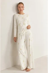 3'Lü Kadın Desenli Uzun Kollu Pijama Takımı Mint Yeşili