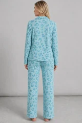 3'Lü Kadın Desenli Uzun Kollu Pijama Takımı Mint Yeşili