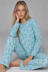 3'Lü Kadın Desenli Uzun Kollu Pijama Takımı Mint Yeşili